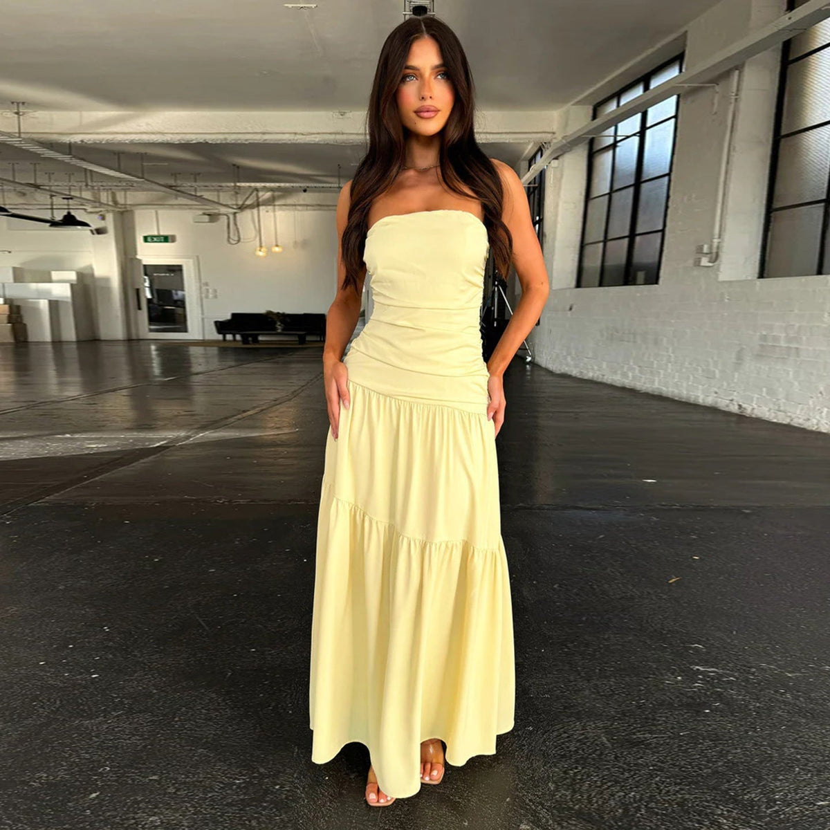 Strapless Ruched Bodice Tiered A-Line Maxi Dress