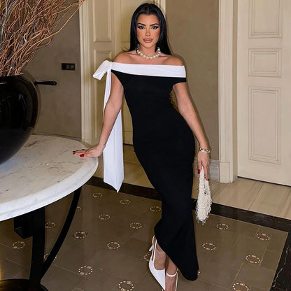 Off-Shoulder Contrast Band Oversized Bow Shoulder Ribbon Bodycon Maxi Dress