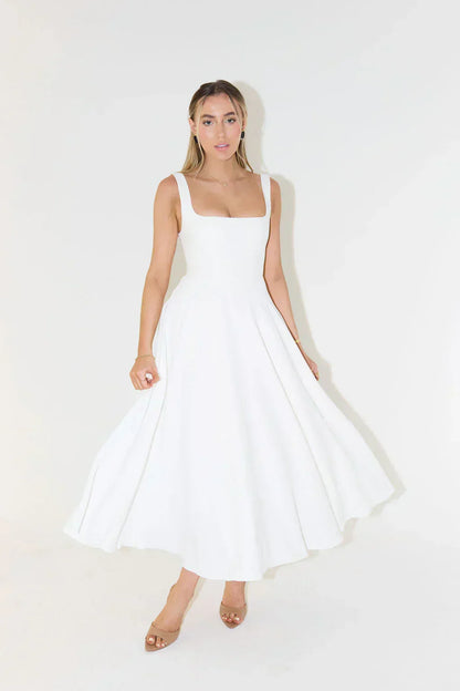 Square Neck Sleeveless Basque Waist A-Line Midi Dress