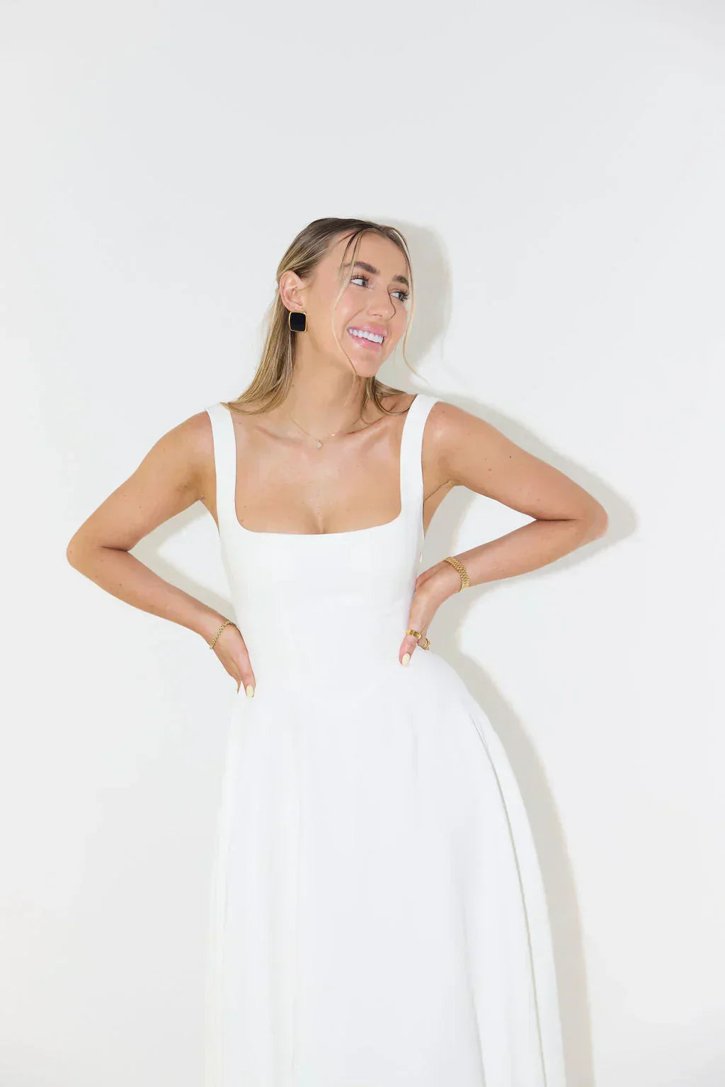 Square Neck Sleeveless Basque Waist A-Line Midi Dress