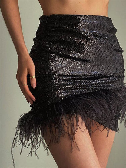 Glitter Women Sequin Feather Tassel Mini Skirt