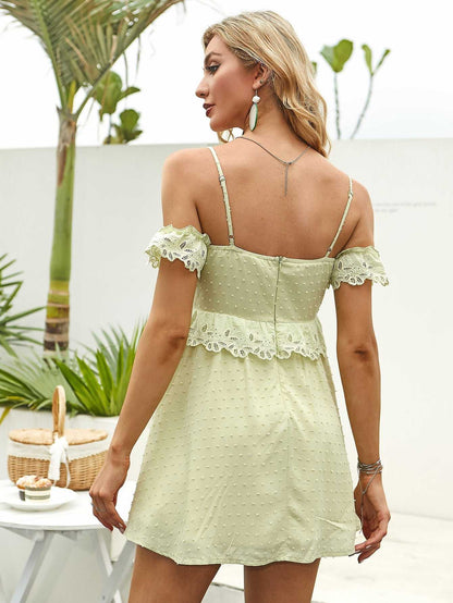Swiss Dot Eyelet Lace Off-Shoulder Ruffle Trim A-Line Mini Dress