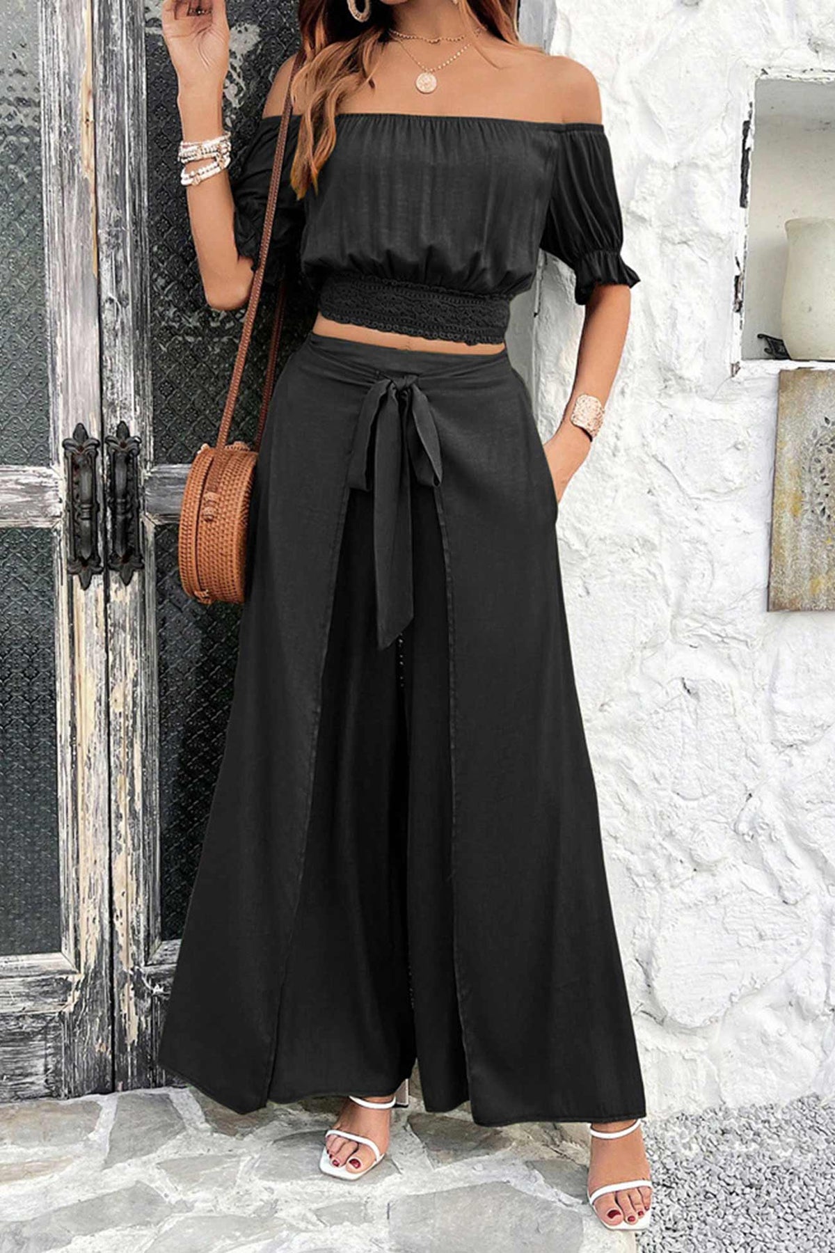 Off-shoulder Crop Top Tie-up Pants Suits