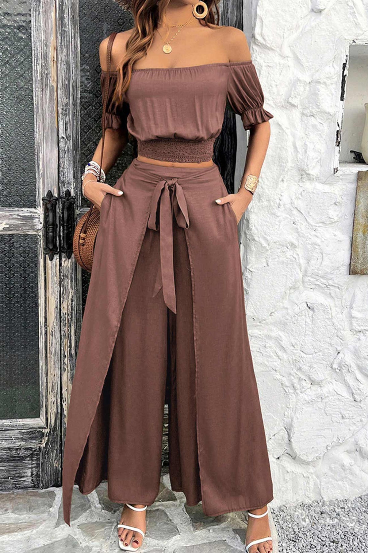 Off-shoulder Crop Top Tie-up Pants Suits