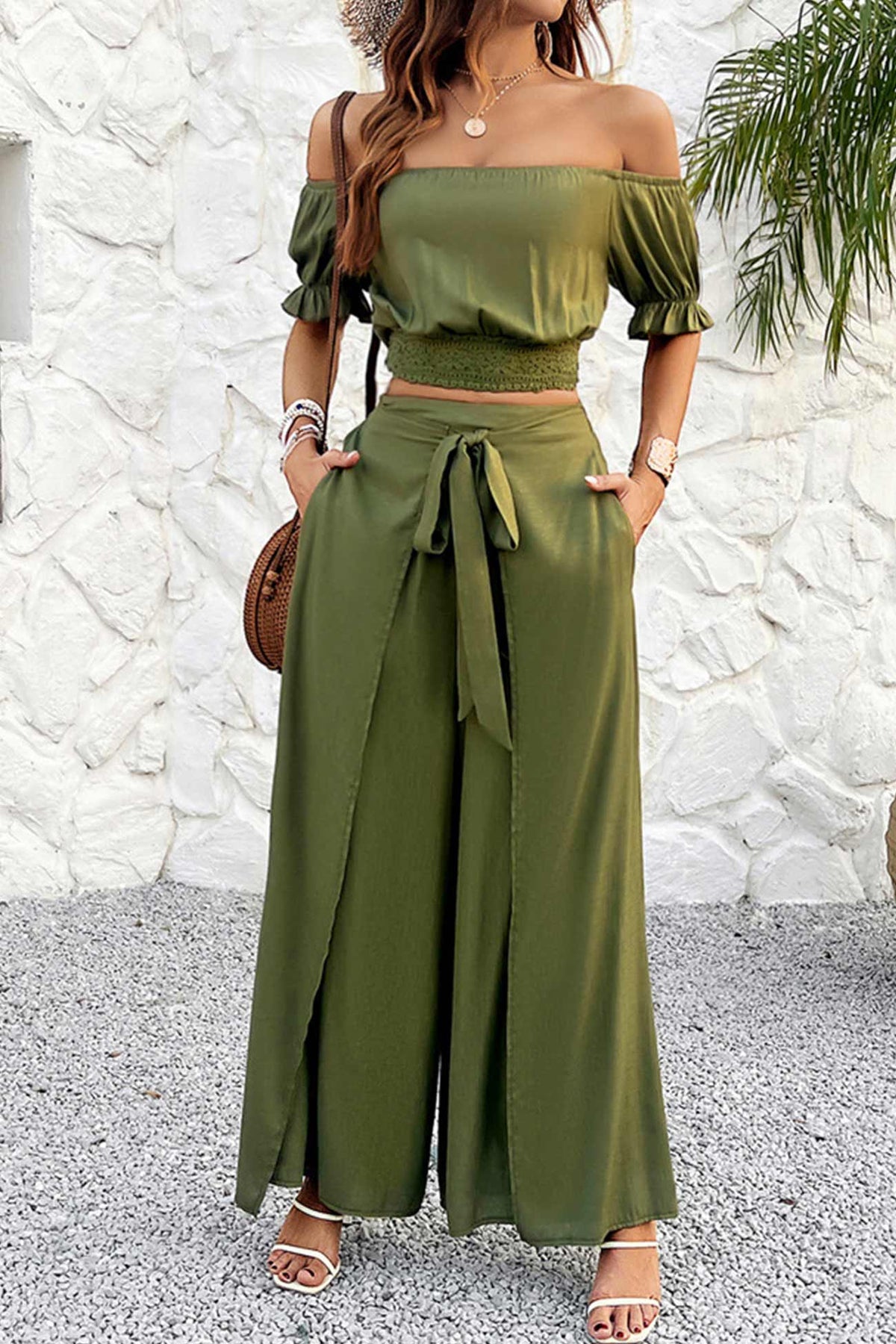 Off-shoulder Crop Top Tie-up Pants Suits
