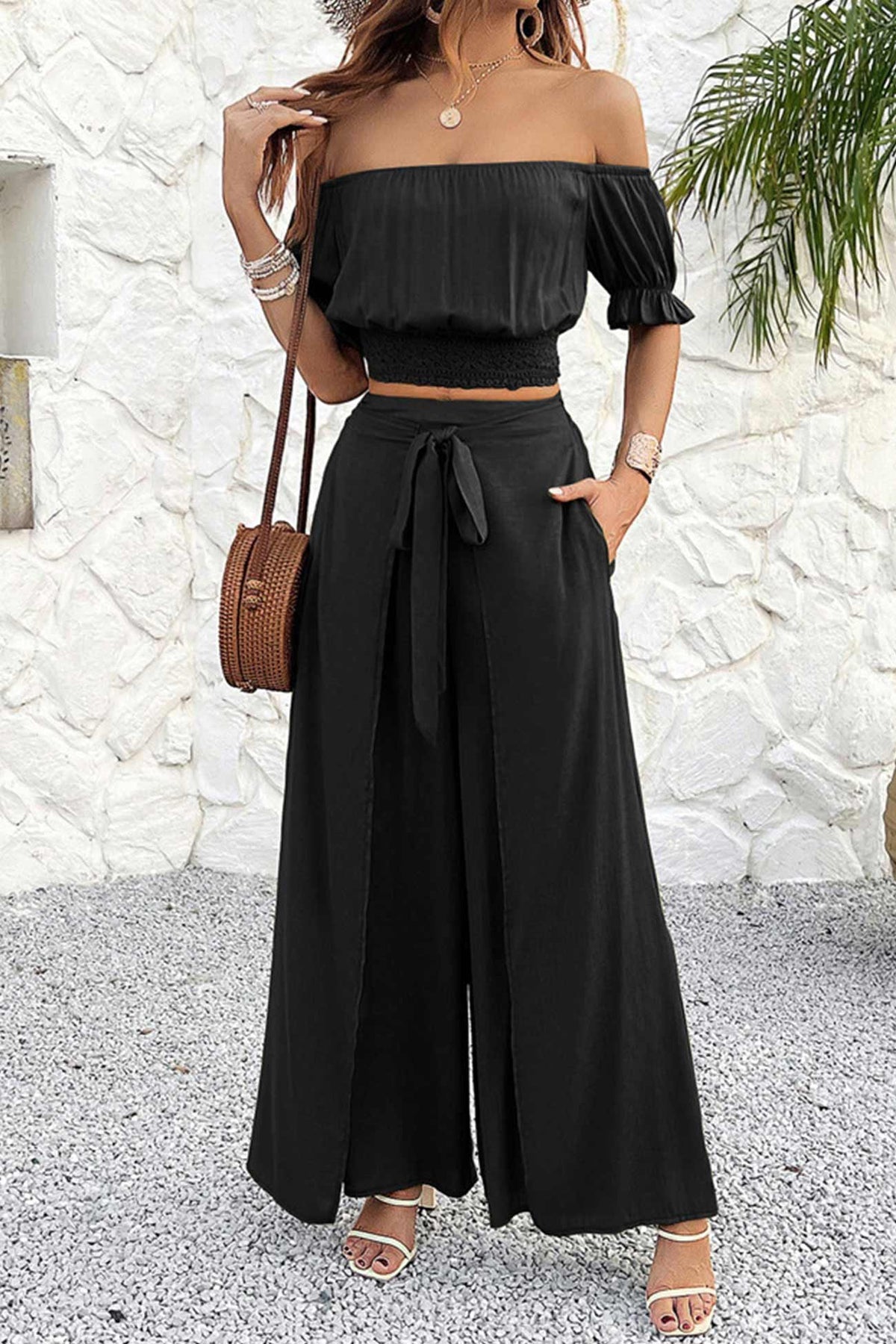 Off-shoulder Crop Top Tie-up Pants Suits