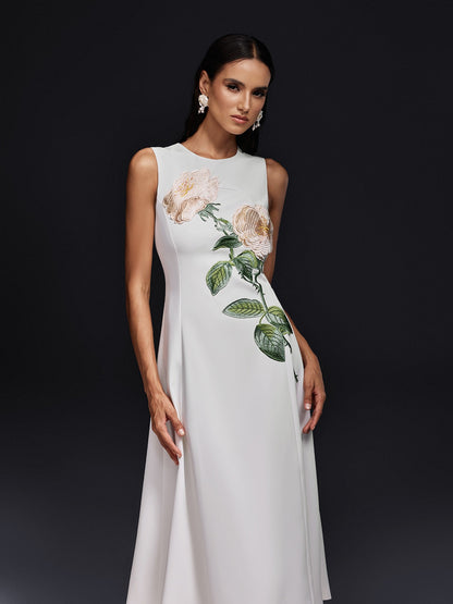 Round Neck Sleeveless Diagonal Embroidery Structured A-Line Midi Dress