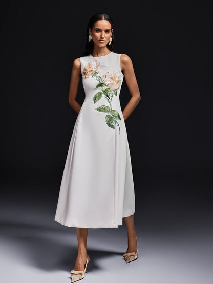 Round Neck Sleeveless Diagonal Embroidery Structured A-Line Midi Dress