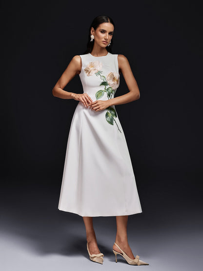 Round Neck Sleeveless Diagonal Embroidery Structured A-Line Midi Dress