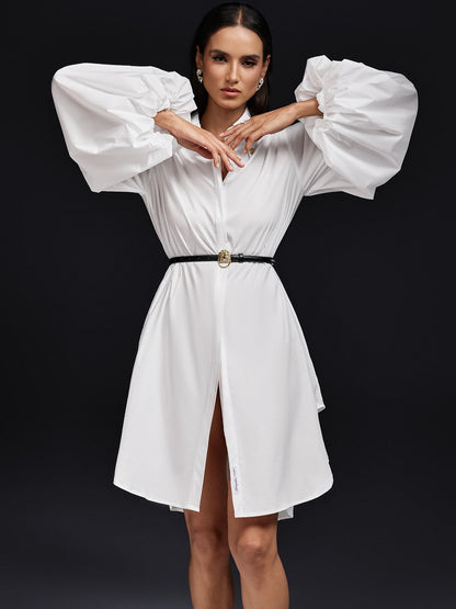 Collared Balloon Sleeve Belted High Low Hem Shirt Dress