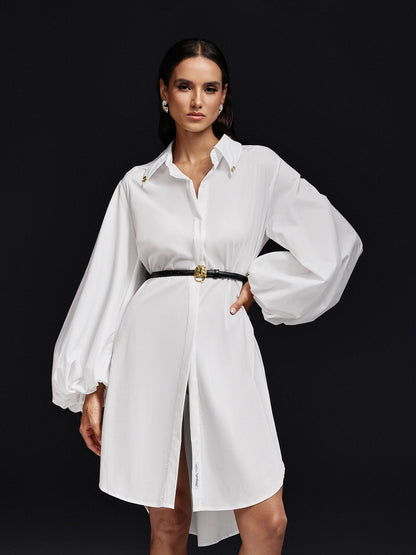 Collared Balloon Sleeve Belted High Low Hem Shirt Dress