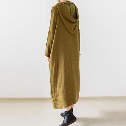 Hooded Frog Button Long Sleeve Oversized Linen Maxi Dress