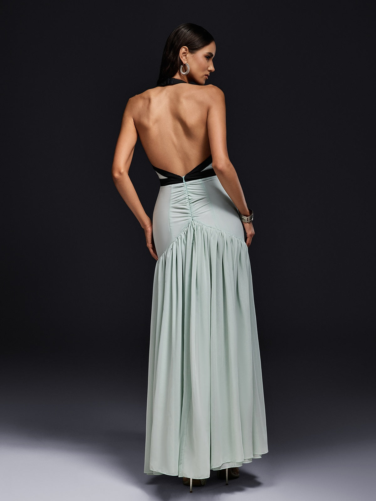 Halter Neck Deep V-Neck Bow Belt Dropped Waist Pleated Maxi Gown