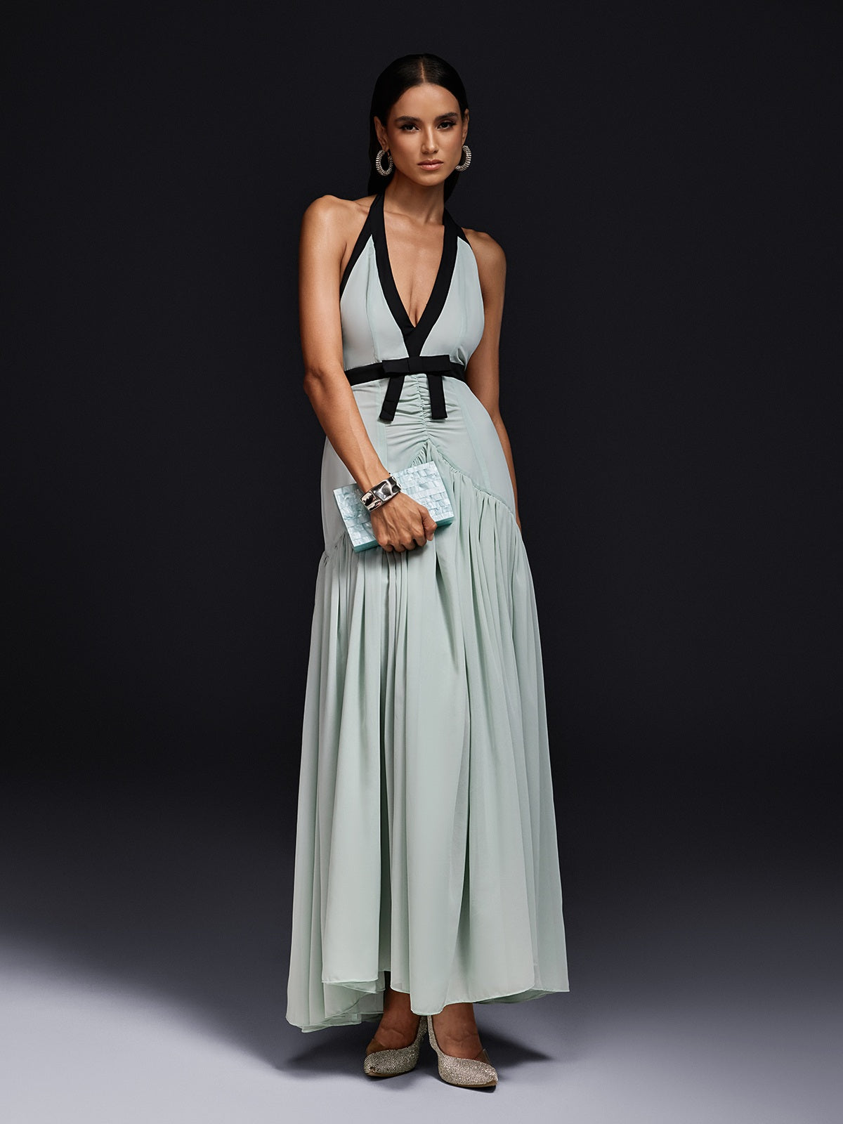 Halter Neck Deep V-Neck Bow Belt Dropped Waist Pleated Maxi Gown