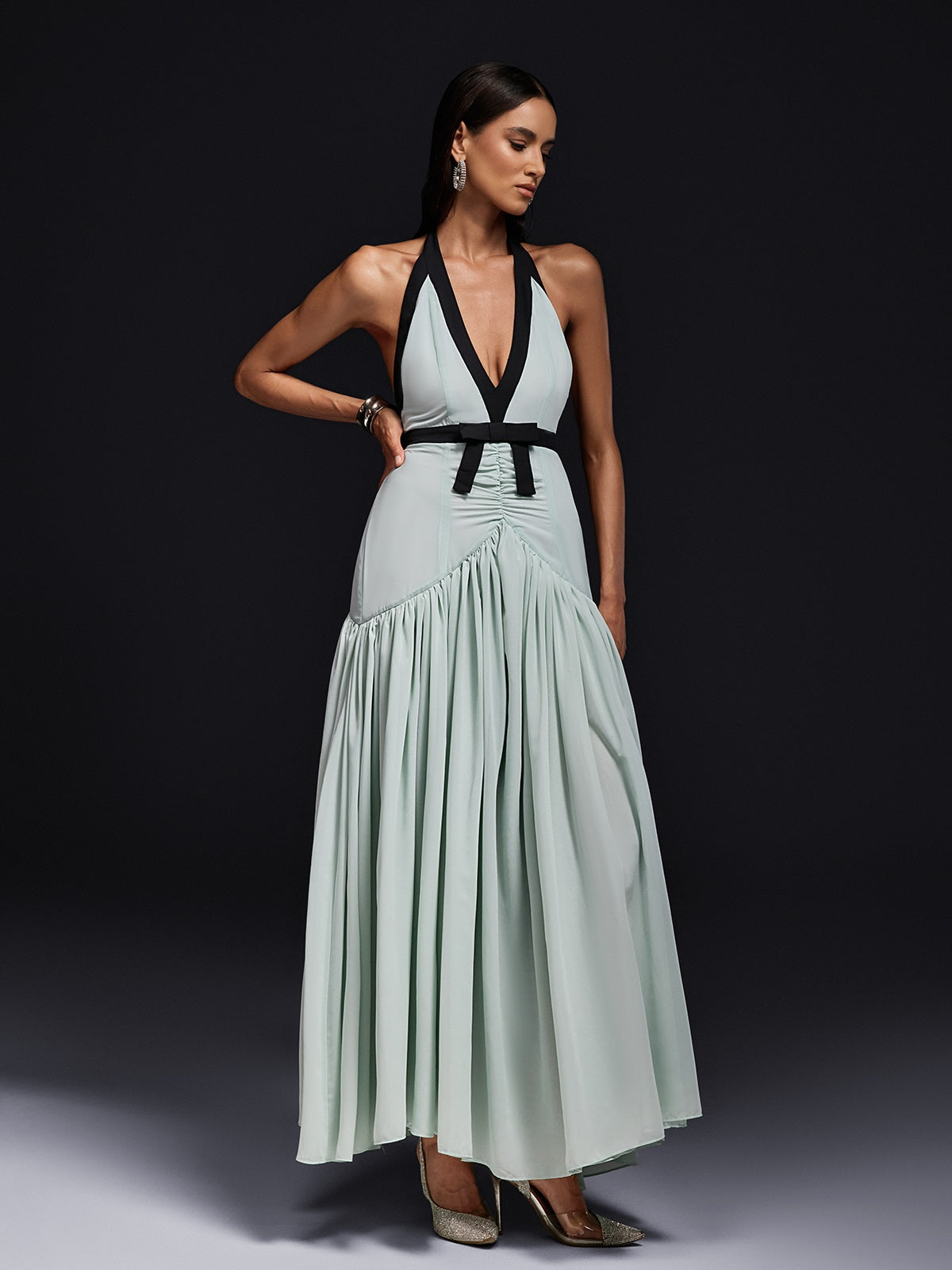 Halter Neck Deep V-Neck Bow Belt Dropped Waist Pleated Maxi Gown