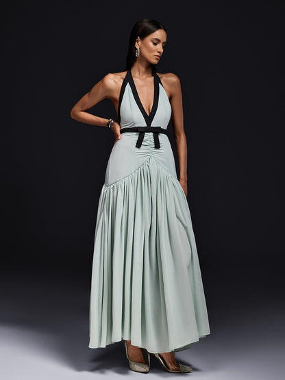 Halter Neck Deep V-Neck Bow Belt Dropped Waist Pleated Maxi Gown