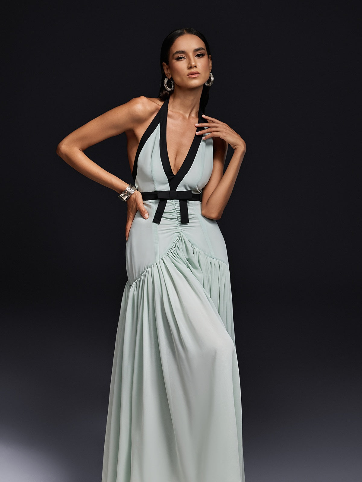 Halter Neck Deep V-Neck Bow Belt Dropped Waist Pleated Maxi Gown