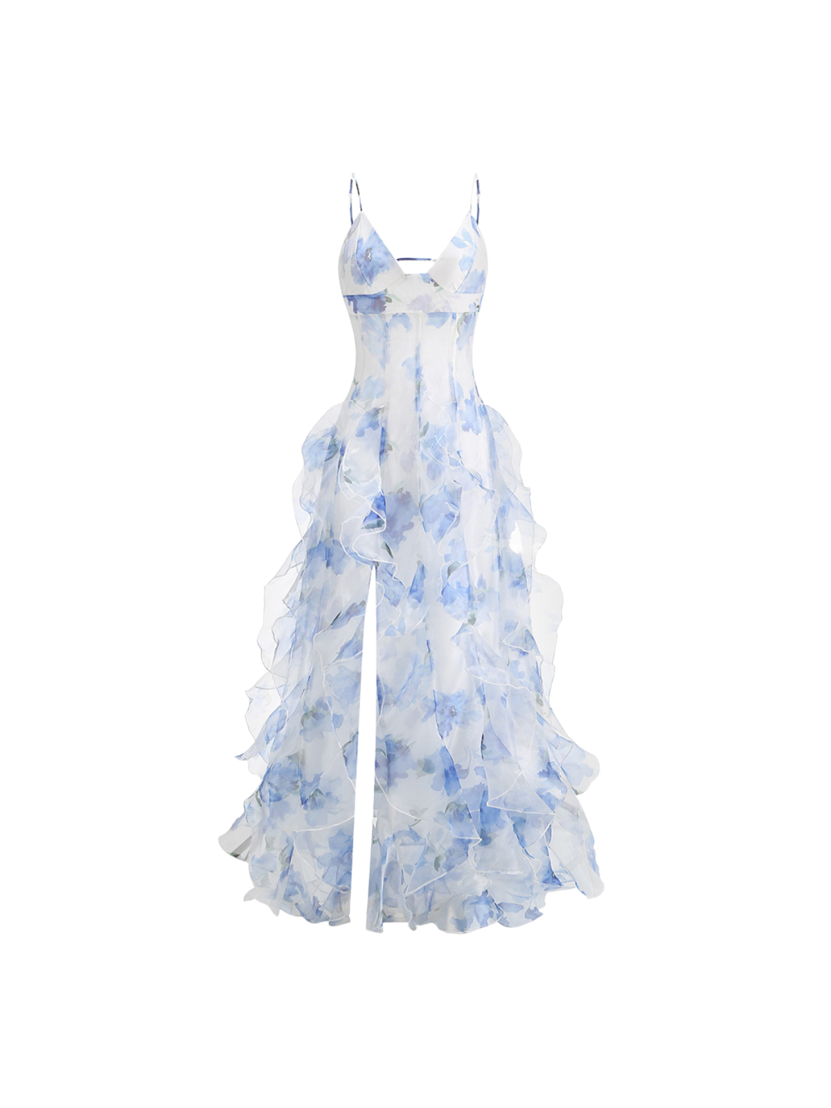 Spaghetti Strap Keyhole Bust Cascading Ruffle High Slit Floral Maxi Dress