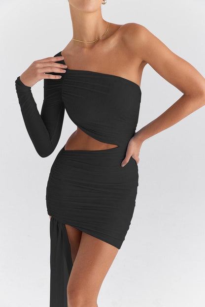 One-Shoulder Mesh Long Sleeve Waist Cutout Ruched Sash Mini Dress