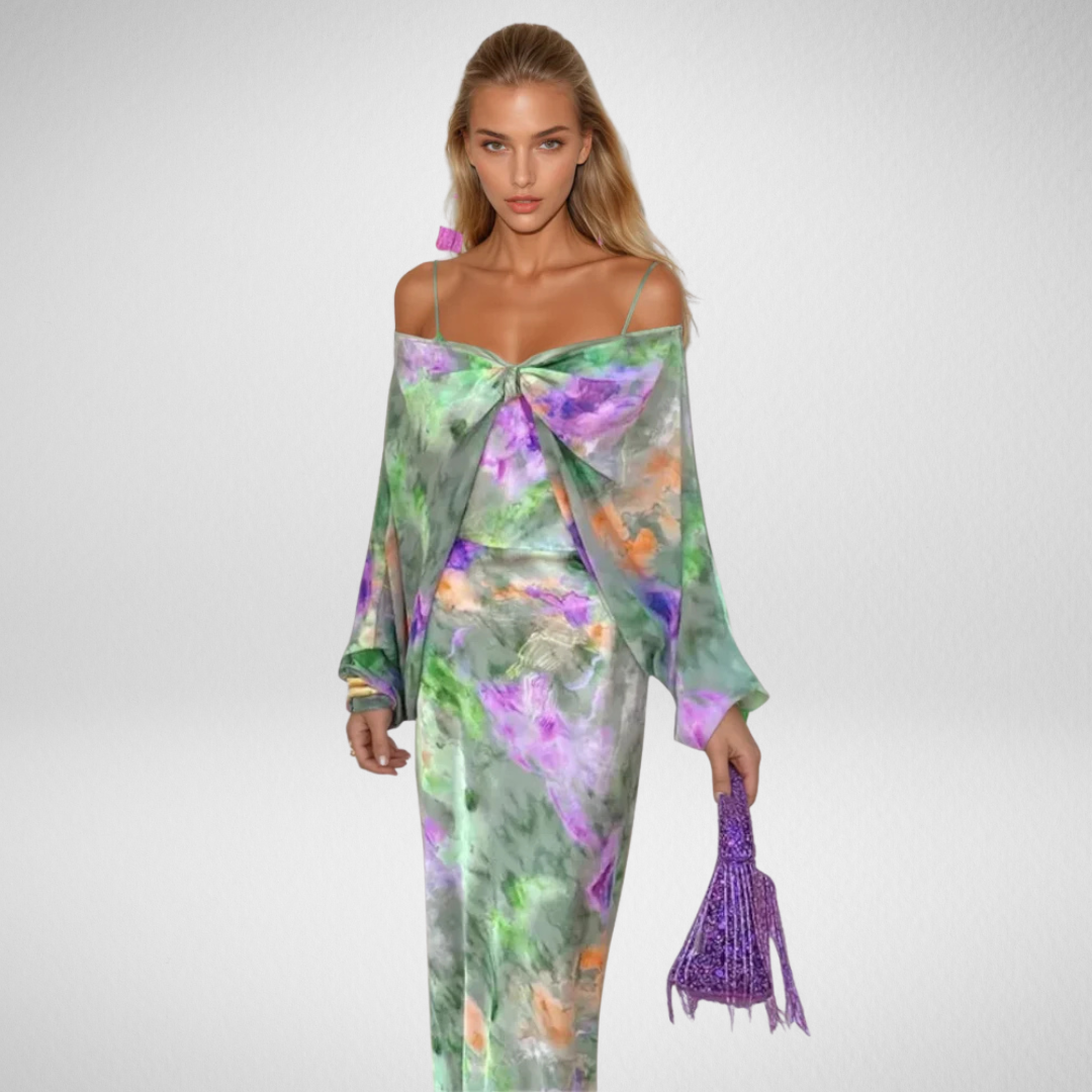 Spaghetti Strap Bow Front Abstract Print Satin Maxi Dress Set With Detachable Off Shoulder Sleeves
