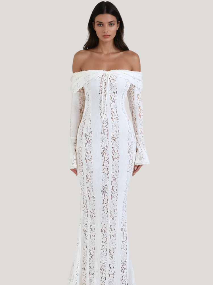 Off Shoulder Tie Front Floral Lace Bell Sleeve Mermaid Maxi Gown