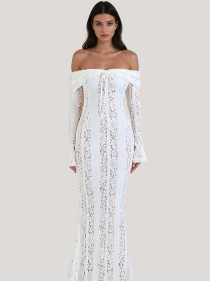 Off Shoulder Tie Front Floral Lace Bell Sleeve Mermaid Maxi Gown