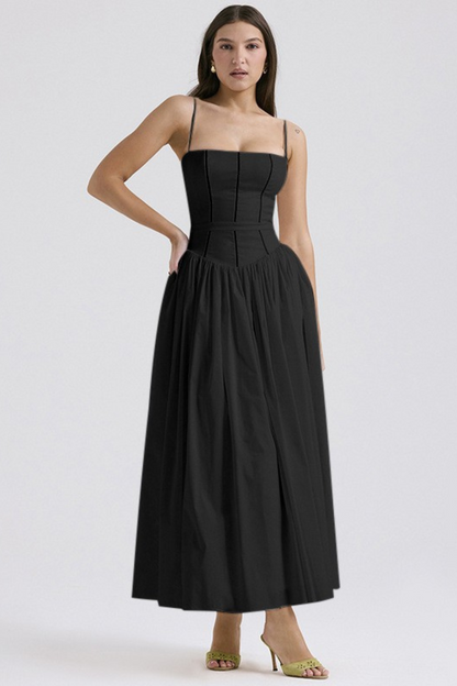 Ribbon Floral Print Square Neck Corset Bodice A-Line Maxi Dress