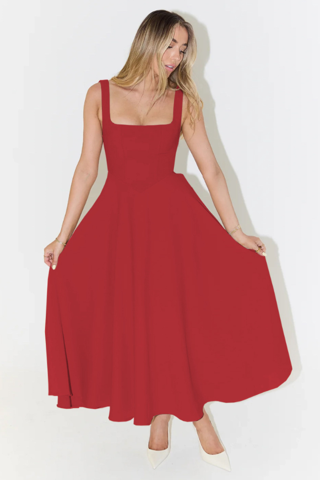 Square Neck Sleeveless Basque Waist A-Line Midi Dress