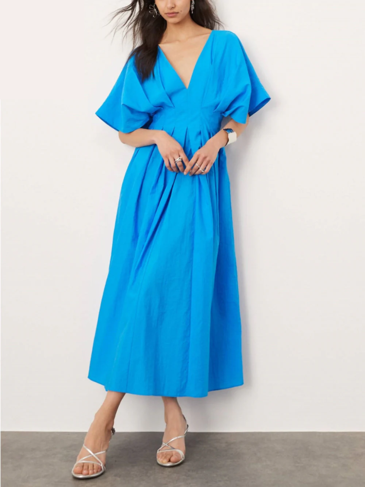 Deep V-Neck Short Flutter Sleeve Pleated Waist A-Line Midi Dress