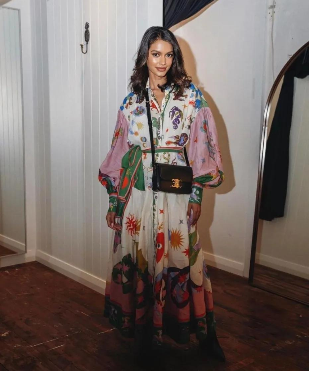 Mystical Print Button Down Belted Bow Puff Sleeve Maxi Shirt Dress