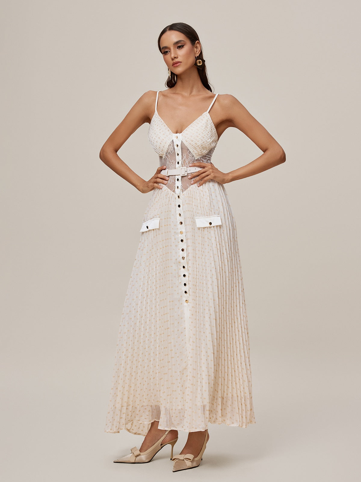 Spaghetti Strap V-Neck Lace Waist Belt Button Front Pleated Maxi Dress