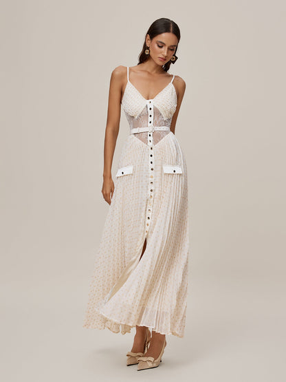 Spaghetti Strap V-Neck Lace Waist Belt Button Front Pleated Maxi Dress