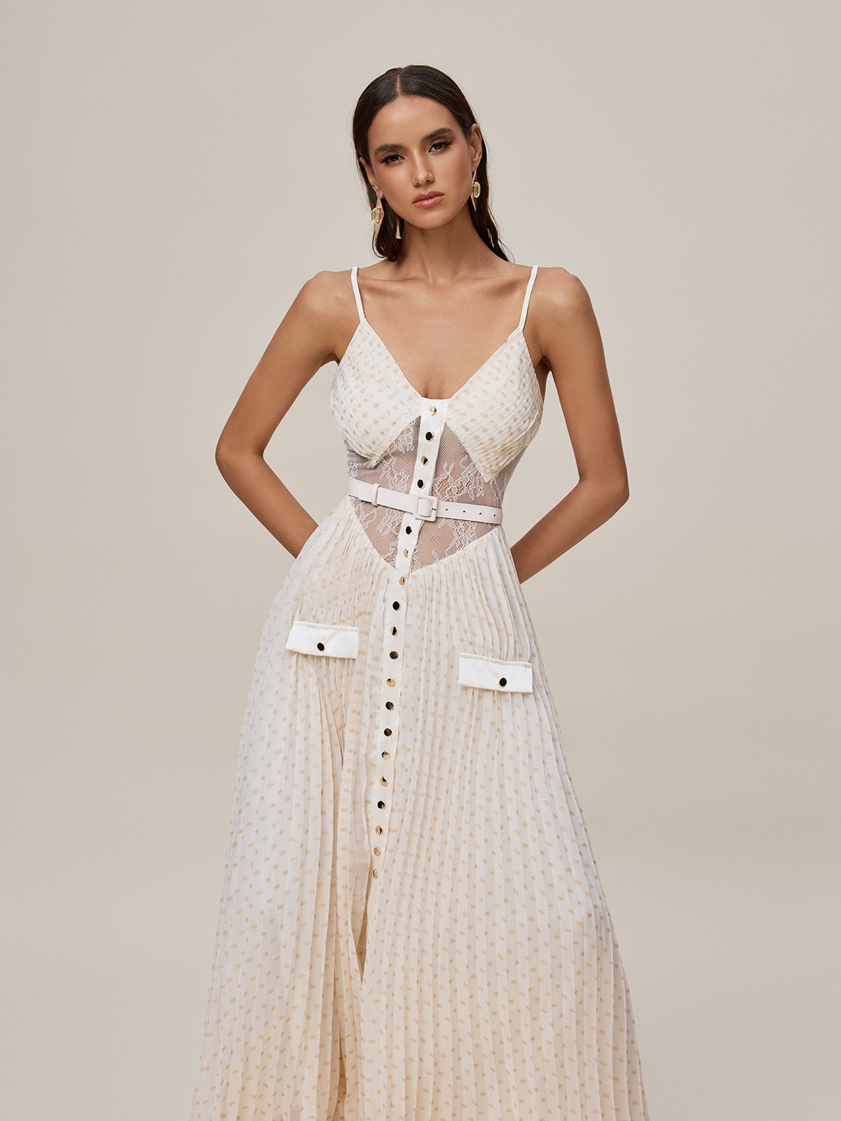 Spaghetti Strap V-Neck Lace Waist Belt Button Front Pleated Maxi Dress