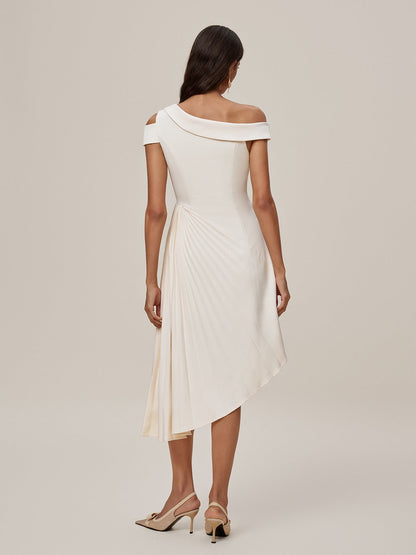 One-Shoulder Cold Shoulder Asymmetric Accordion Pleated Midi Dress