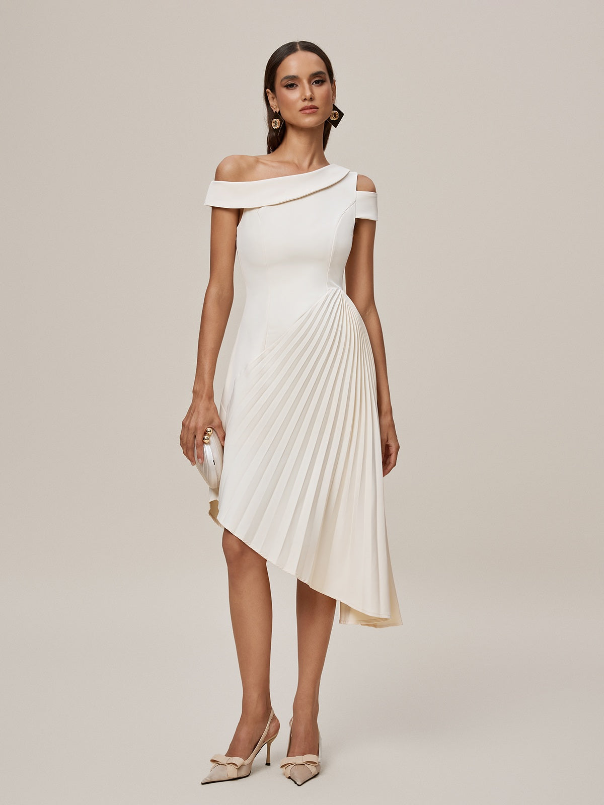 One-Shoulder Cold Shoulder Asymmetric Accordion Pleated Midi Dress