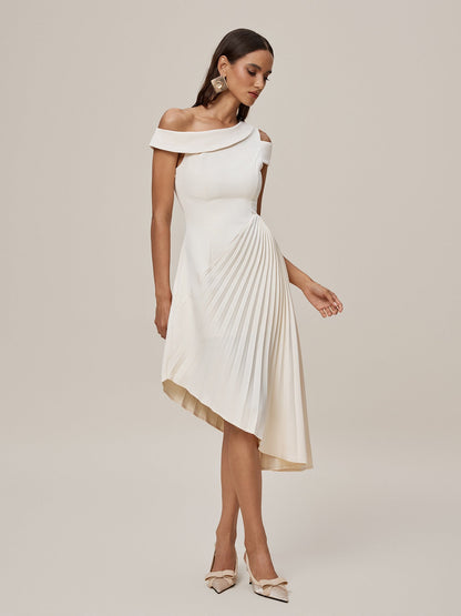 One-Shoulder Cold Shoulder Asymmetric Accordion Pleated Midi Dress