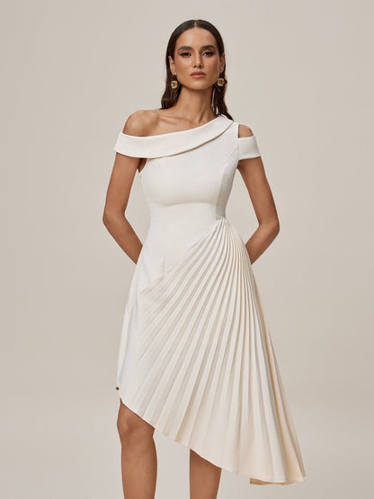 One-Shoulder Cold Shoulder Asymmetric Accordion Pleated Midi Dress