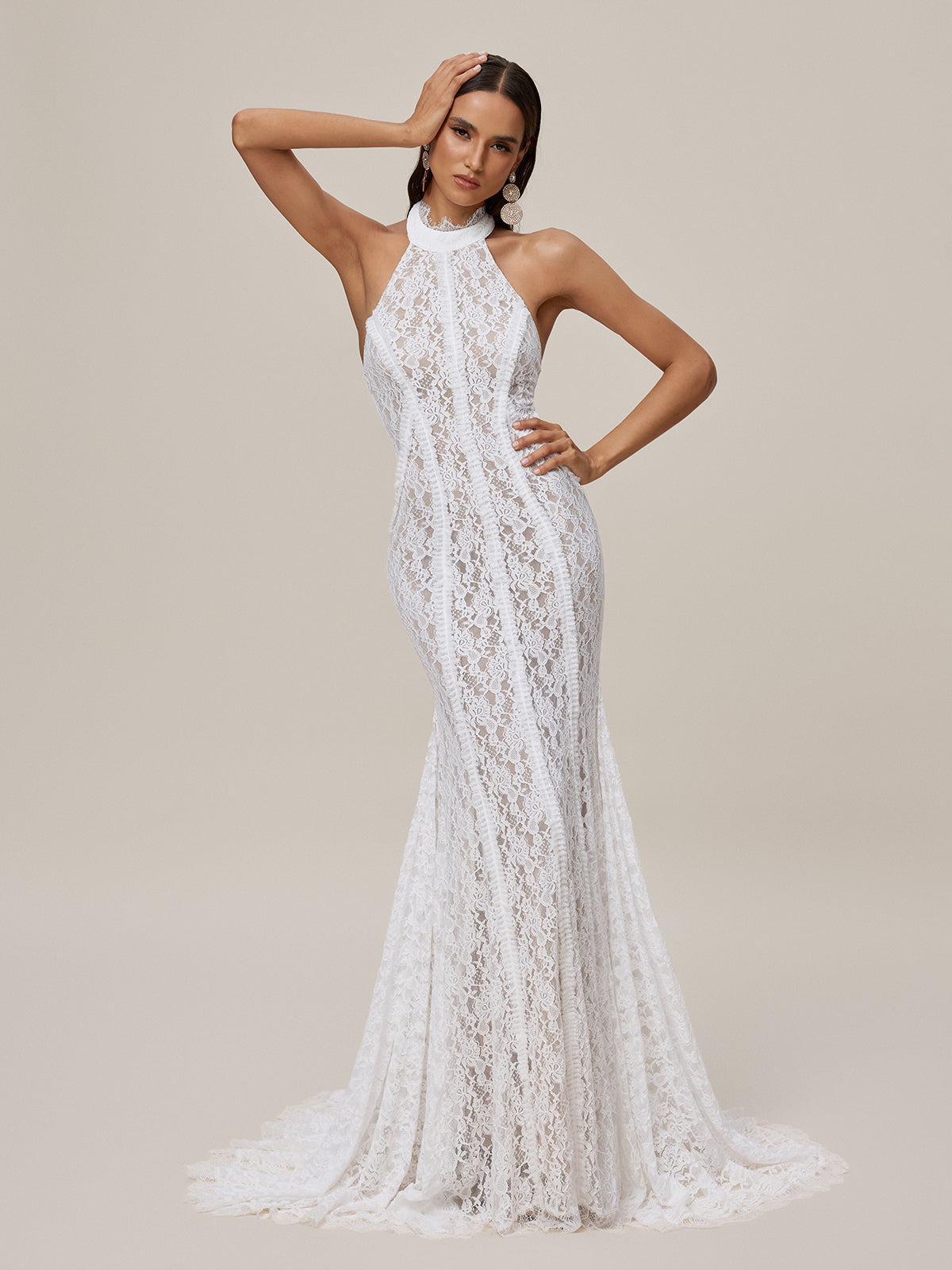 Halter Neck Scalloped Lace Collar Sleeveless Mermaid Lace Maxi Gown