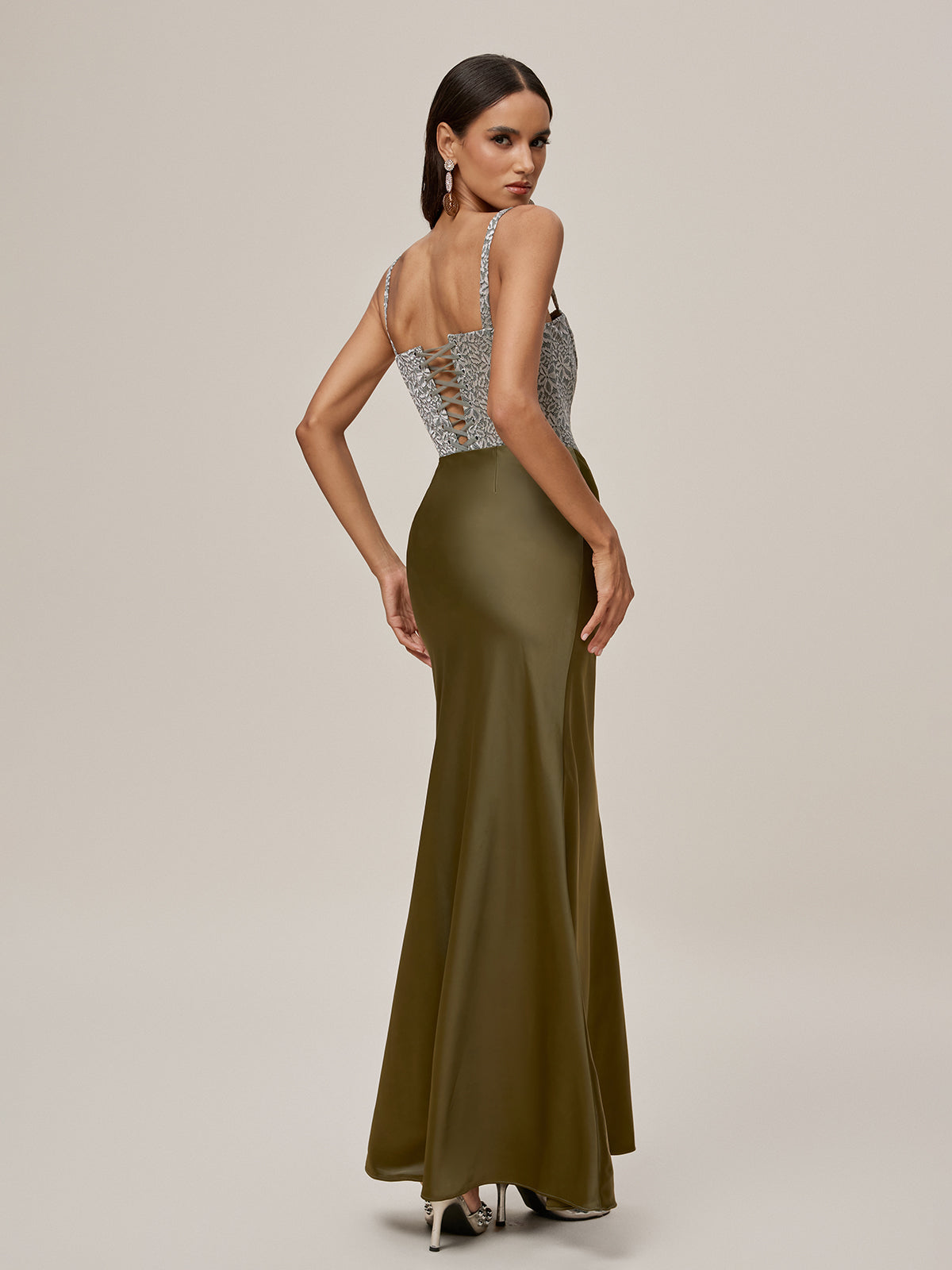 Sweetheart Floral Lace Bustier Spaghetti Strap Satin Column Maxi Gown