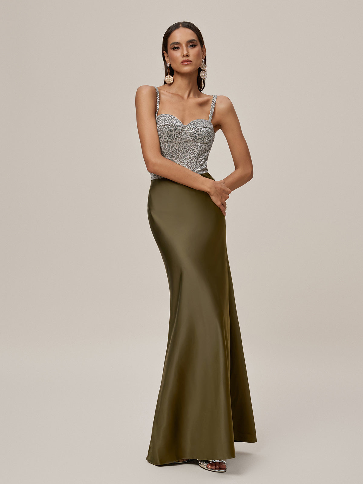 Sweetheart Floral Lace Bustier Spaghetti Strap Satin Column Maxi Gown