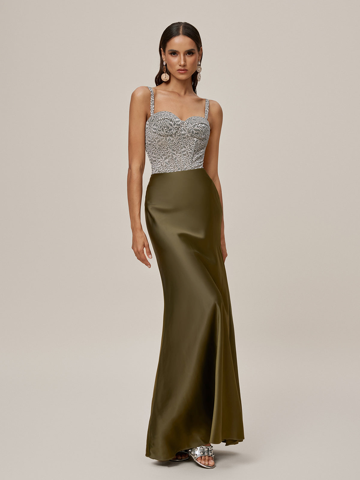 Sweetheart Floral Lace Bustier Spaghetti Strap Satin Column Maxi Gown
