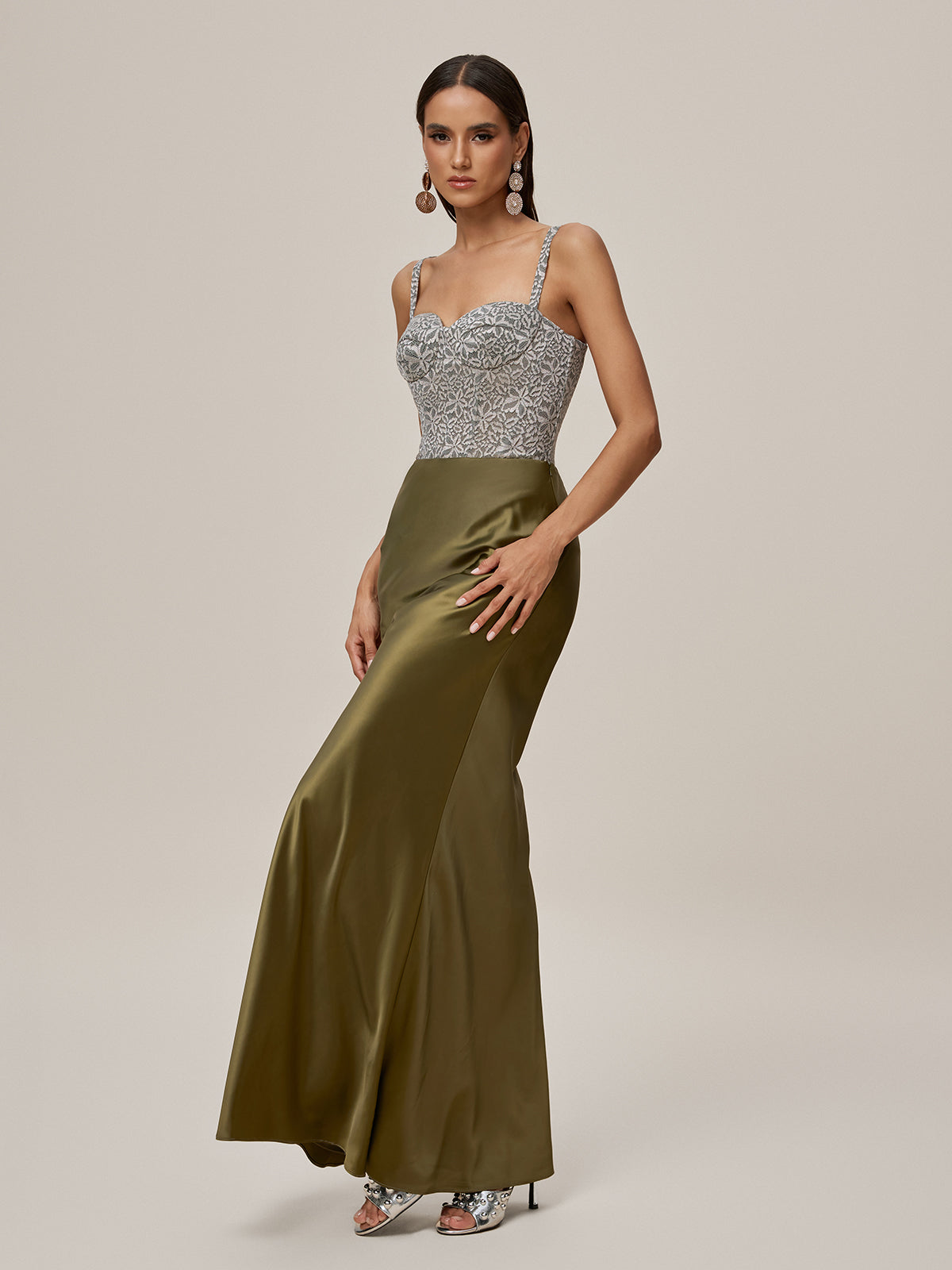 Sweetheart Floral Lace Bustier Spaghetti Strap Satin Column Maxi Gown