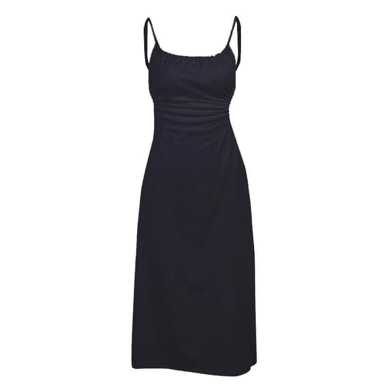 Spaghetti Strap Side Cutout Ruched Tie Back Satin Column Maxi Dress