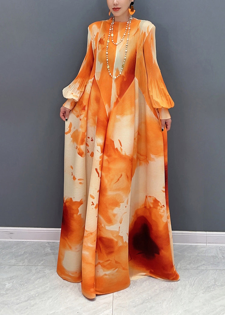 Plisse Abstract Watercolor Print Bell Cuff Long Sleeve Maxi Dress