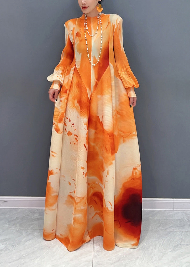 Plisse Abstract Watercolor Print Bell Cuff Long Sleeve Maxi Dress