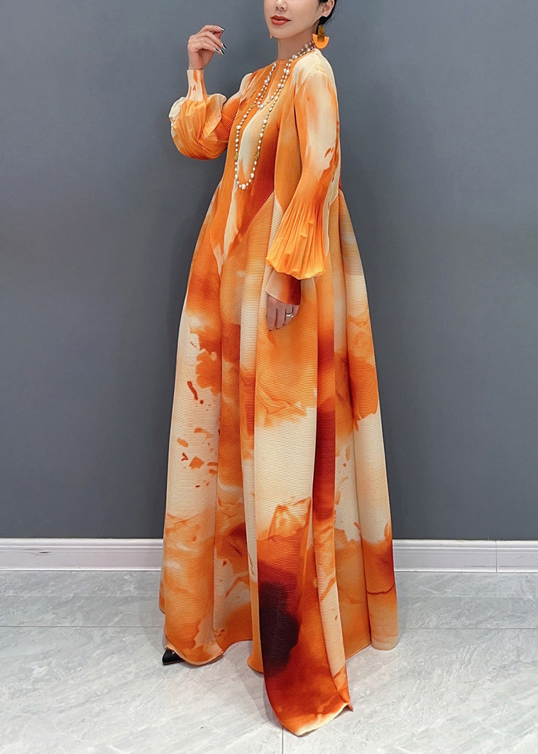Plisse Abstract Watercolor Print Bell Cuff Long Sleeve Maxi Dress
