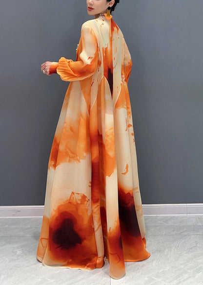 Plisse Abstract Watercolor Print Bell Cuff Long Sleeve Maxi Dress