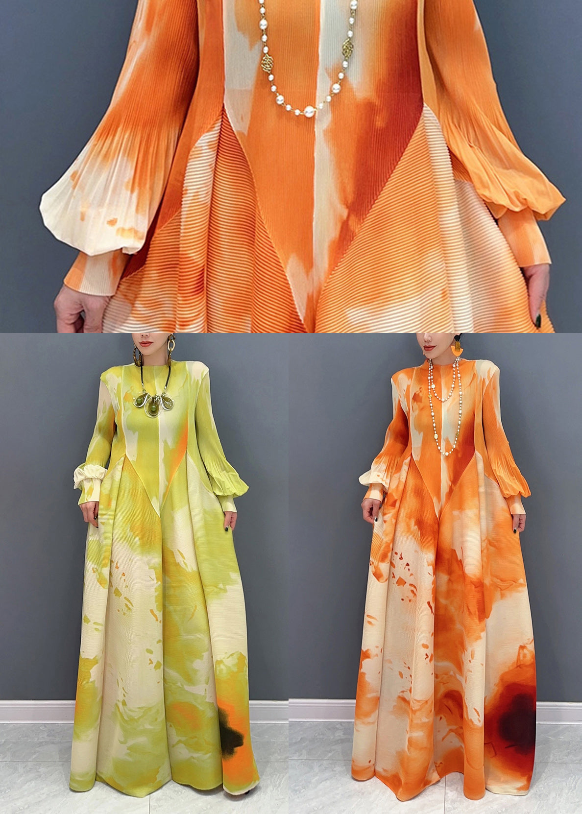 Plisse Abstract Watercolor Print Bell Cuff Long Sleeve Maxi Dress