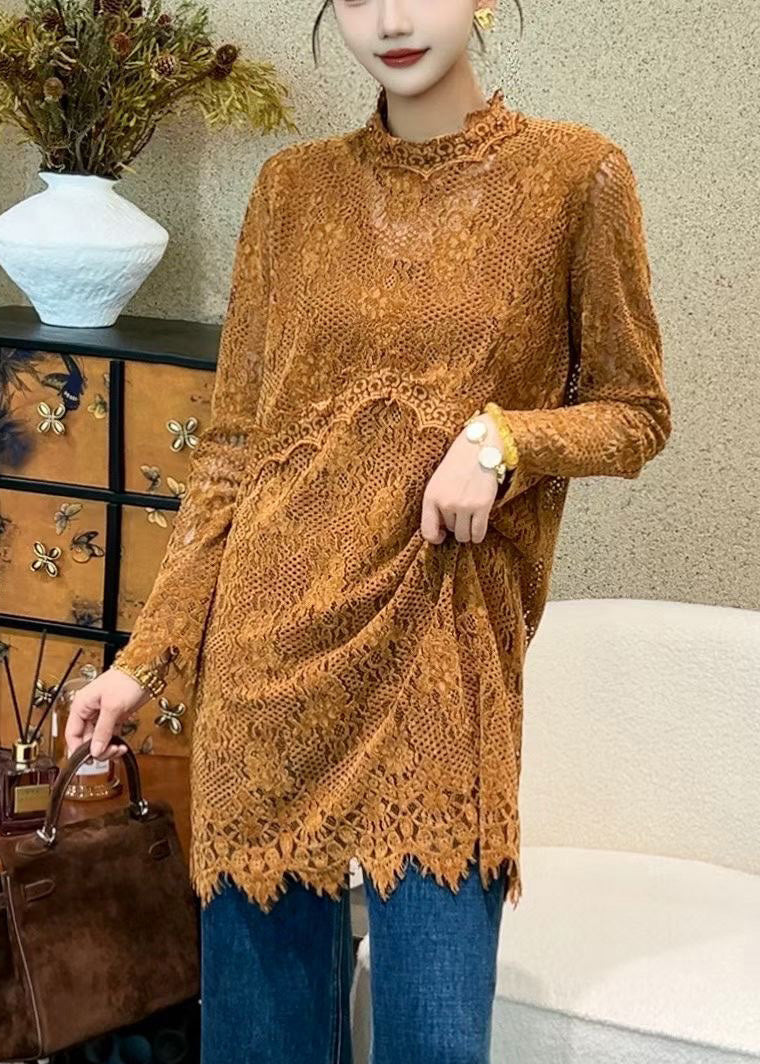 All Over Lace Mock Neck Scalloped Hem Long Sleeve Tunic Top