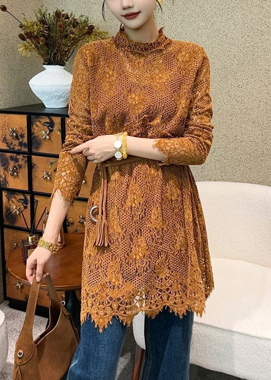 All Over Lace Mock Neck Scalloped Hem Long Sleeve Tunic Top